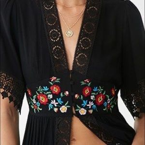FOREVER 21 COVER UP W/ BLK + FLORAL EMBROIDERY